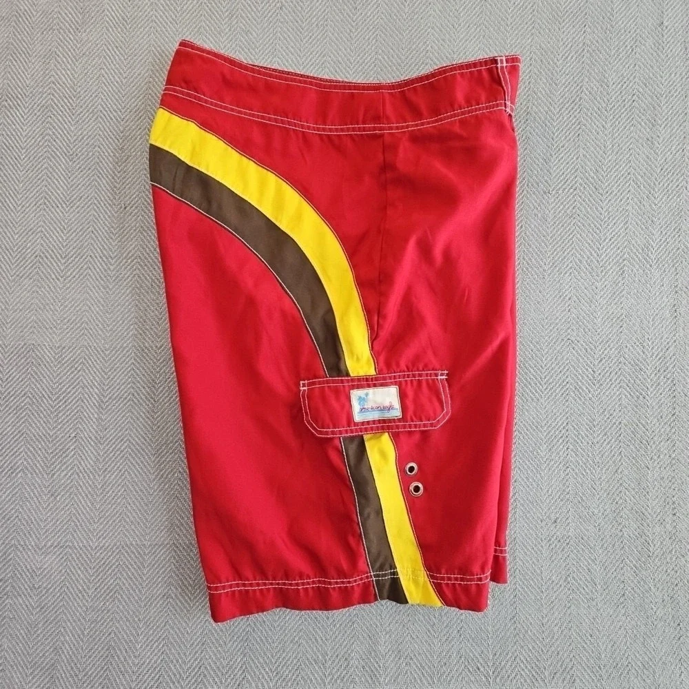 American Eagle Men 32 Board Shorts Swim Trunks Red Yellow 10 Inseam EUC Surf NWT